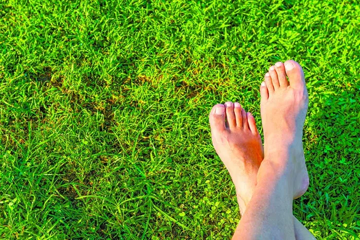 Men's feet on the background of lush green grass - BIGSTOCK