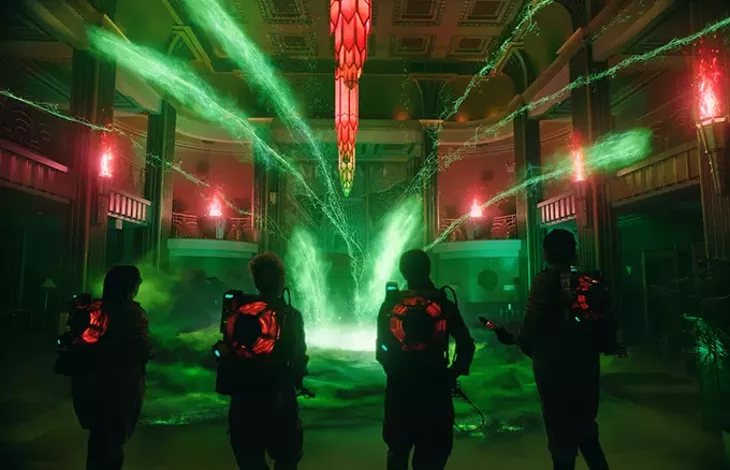 The Ghostbusters Abby (Melissa McCarthy), Holtzmann (Kate McKinnon), Erin (Kristen Wiig) and Patty (Leslie Jones) inside the Mercado Hotel Lobby in Columbia Pictures' GHOSTBUSTERS. - COURTESY OF SONY PICTURES