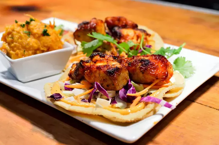 Barbequed Salmon Tacos at Lottinvilles in Edmond, Oklahoma, 5-4-2016. - MARK HANCOCK