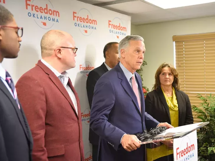 Kirk Humphreys issued an apology at a press conference with Freedom Oklahoma and later told John Rex Charter Elementary School parents he has no plans to step down from its board of directors. (Photo Laura Eastes)