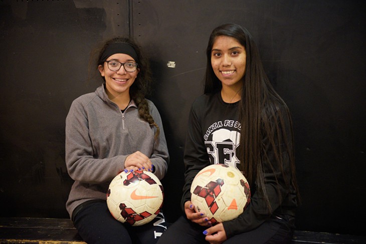 from left Alejandra Andrade and Mar&iacute;a Garc&iacute;a are some of the first student athletes from Santa Fe South High School to sign letters of intent to play college soccer. (Photo Laura Eastes)