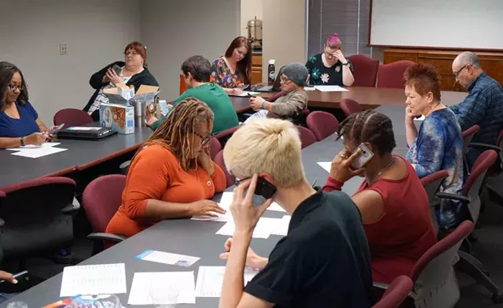 On Wednesdays, the Oklahoma Democratic Party’s office turns into a phone bank where volunteers make calls to voters in support of the Democratic candidate in the Senate District 45 race. (Photo Megan Nance)