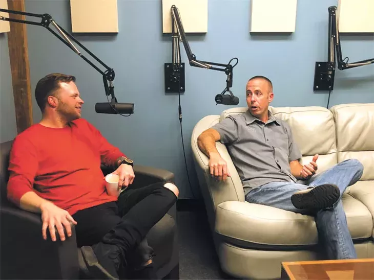 Inside the 405 host Travis Tester left speaks with guest Daniel Mercer right of COOP Ale Works during an episode of the show. | Photo Mason Lehman / provided