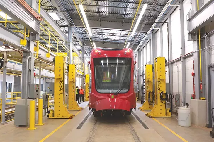 One of the first Oklahoma City streetcars rests in the city’s storage and maintenance facility after arriving in February. - CITY OF OKLAHOMA CITY / PROVIDED