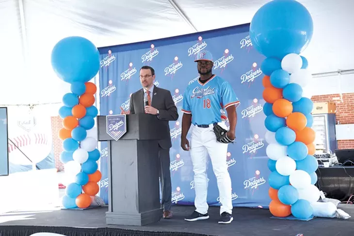 Michael Byrnes introduces the Cielo Azul name and uniform, worn by Juan Fuentes, at a fan event in southeast Oklahoma City. - LAURA EASTES