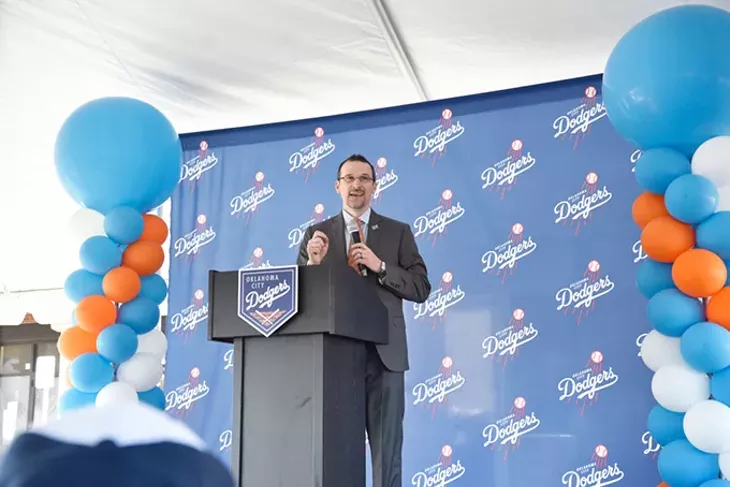 Michael Byrnes speaks about the upcoming Oklahoma City Dodgers season at a fan event in southeast Oklahoma City on March 20. - LAURA EASTES