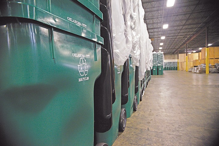 The City of Oklahoma City transitions to a new recycling plan in July allowing municipal households to switch from 18-gallon blue bins to 96-gallon green carts for curbside recycling service. - LAURA EASTES