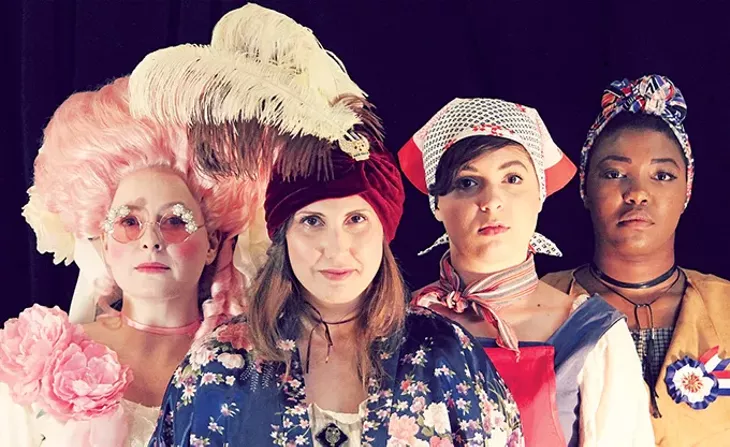 Amanda Lee (Marie Antoinette), Erin Woods (Olympe de Gouges), Madison Hill (Charlotte Corday), and Alexis Ward (Marianne Angelle) play activists in Oklahoma Shakespeare in the Park’s production of The Revolutionists. - APRIL PORTERFIELD / OKLAHOMA SHAKESPEARE IN THE PARK / PROVIDED