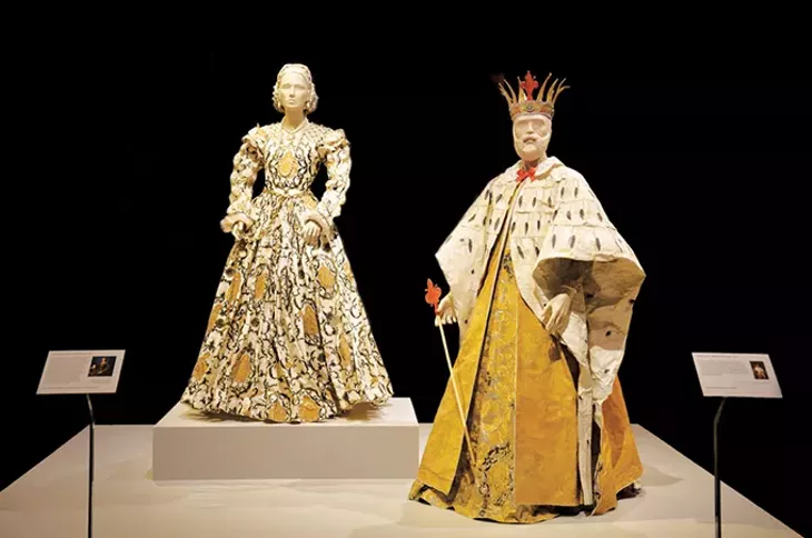 from left Isabelle de Borchagrave’s paper dress inspired by Agnolo Bronzino’s circa 1544 portrait of Eleanora of Toledo and “Mantua,” based on a ca. 1750 court mantua in the collection of the Victoria and Albert Museum in London. - KARSON BROOKS