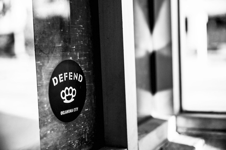 Defend OKC stickers were spotted several weeks ago around the Midtown and downtown areas. Some people have accused the brand of representing white nationalist ideals, but its founder denies the association. - PROVIDED