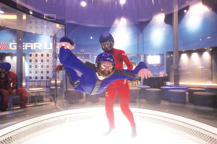 Oklahoma Gazette reporter Ben Luschen practices hovering for his virtual skydive over The Alps. - IFLY OKLAHOMA CITY INDOOR SKYDIVING / PROVIDED