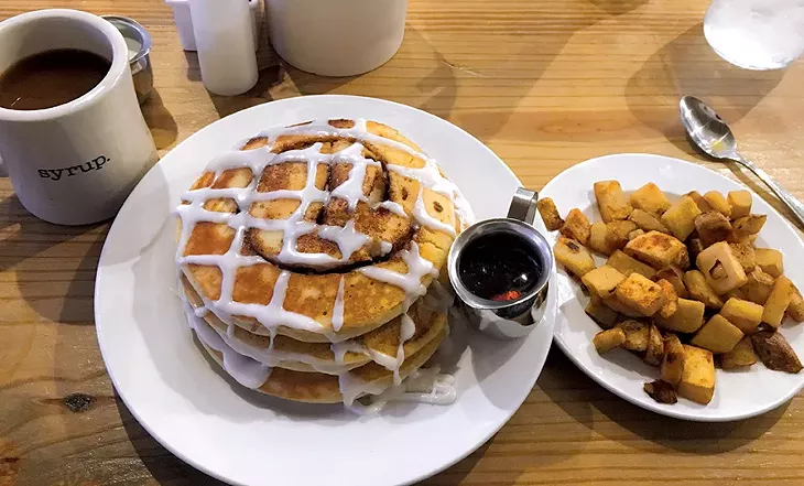 Cinnamon roll pancakes at syrup.’s Oklahoma City location. - JACOB THREADGILL