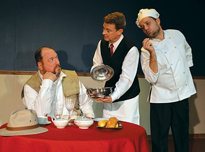 In An Empty Plate in the Café du Grand Boeuf, Claude tries to tempt Victor with the chef’s succulent Chateaubriand after Victor announces he’s going to quit eating. (from left Glen Hallstrom, Kevin Moore and C.W. Bardsher) - CARPENTER SQUARE THEATRE / PROVIDED
