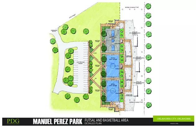 Proposed improvements to the new Manuel Perez Park along the Oklahoma River will include a memorial, a skate and BMX park, basketball courts and a soccer futsal. - PDG / PROVIDED