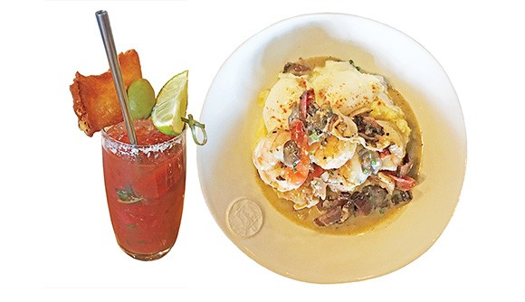 left The bloody mary is garnished with a tomato and fried cheese pierogi. right Shrimp and grits on the new Osteria brunch menu - JACOB THREADGILL