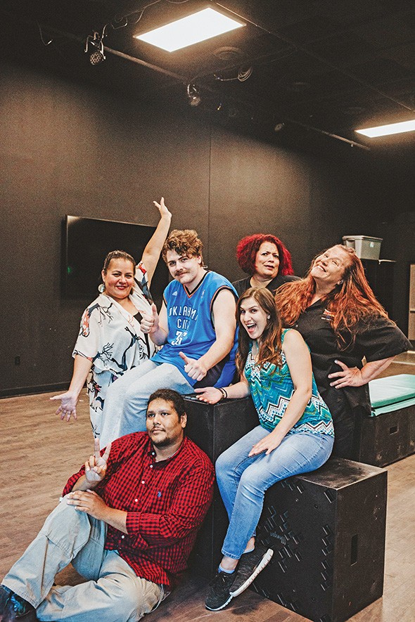 clockwise from bottom Johnlee Lookingglass, Summer Morgan, Cody Tabor, Tiffany Tuggle, Carolyn Dunn and Misty Red Elk take a break from rehearsing for Neechie-Itas, the featured play at Oklahoma Indigenous Theatre Company’s 2019 Native American New Play Festival. - ALEXA ACE
