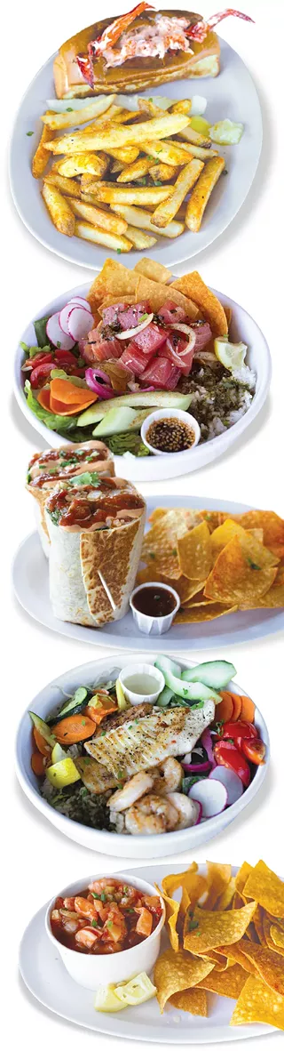from top Slapfish’s lobster roll; Slapfish poke bowl; the Epic Shrimp Burrito; the daily offering of fish in the Power Bowl included salmon, tilapia and shrimp; shrimp ceviche. - ALEXA ACE