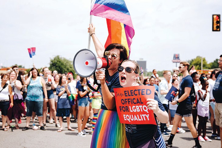 Allie Shinn, Freedom Oklahoma executive director, and Rep. Kendra Horn lead a group of supporters at the 2019 Oklahoma City Pride parade. - STEPHANIE MONTELONGO / PROVIDED