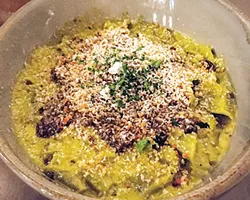 Spinach pappardelle with a sauce made with tomatillo and butternut squash - JACOB THREADGILL