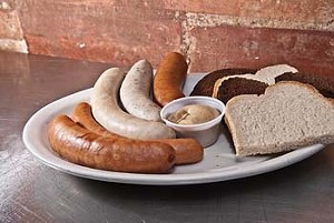 A selection of Siegi's sausages with breads and mustard, at Ingrids Kitchen.  mh