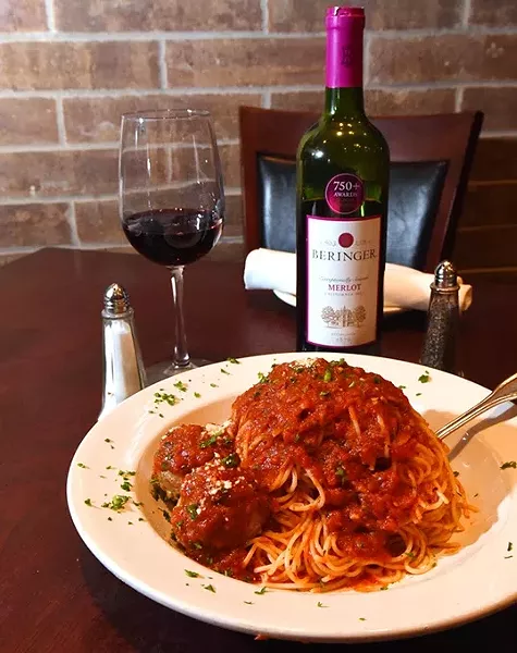 Spaghetti and Meatballs with Beringer Merlot at Spazio Ristorante, 11-20-15. - MARK HANCOCK