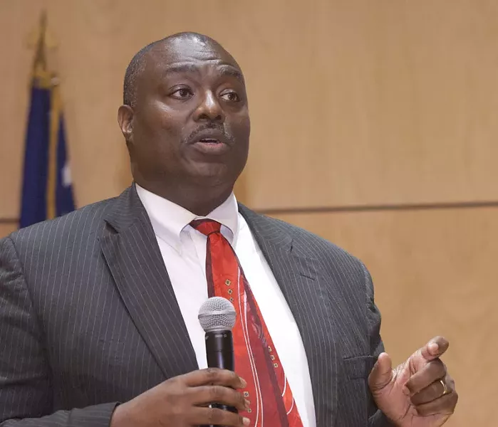 OKC Metropolitan Librariy director candidate, Roosevelt Weeks, speaking during a public meeting at the Ronald J. Norick Downtown Library, 9-23-14. mh