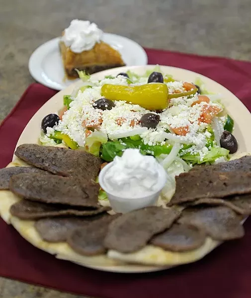 The gyro plate with greek salad and baklava at Dimitri's Peacock Greek in Oklahoma City, Wednesday, Nov. 19, 2014. - GARETT FISBECK