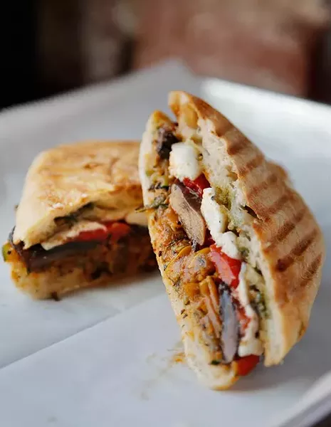Roasted Vegetable Ciabatta Sandwich at Peloton Wine Bar & Cafe in Oklahoma City, Friday, March 3, 2015. - GARETT FISBECK