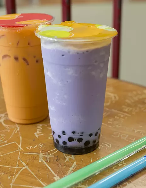 Cafe Oasis serves Taro Tea with Boba chilled over ice on Tuesday, July 12, 2016 in Oklahoma City. - EMMY VERDIN