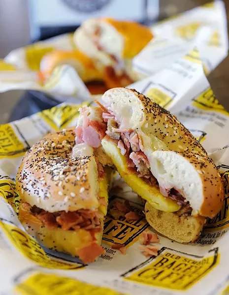 Meat lovers sandwich on everything bagel at Old School Bagel Cafe in Moore, Thursday, Sept. 17, 2015. - GARETT FISBECK