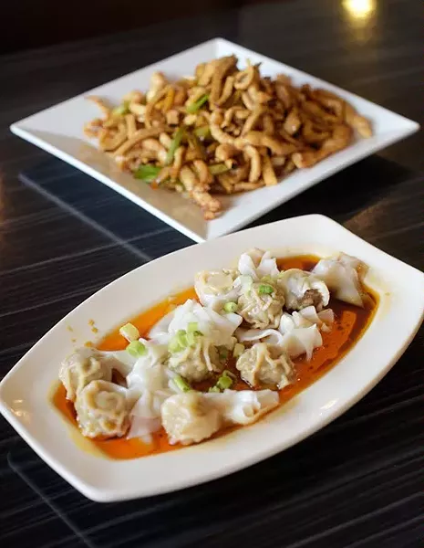 Shredded pork with bean curds and bamboo shoots, Szechuan wonton in red oil, at Mr. Hui's in Norman, Monday, Sept. 12, 2016. - GARETT FISBECK