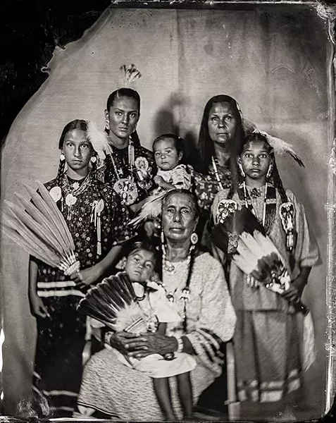 Casey Camp-Horinek, Citizen of Ponca Tribe of Oklahoma, “Zhuthi,” and Lola Williams, Citizen of Ponca Tribe of Oklahoma, Granddaughter of Casey Camp-Horinek, Age 2, and Diane Fafa, Citizen of Ponca Tribe of Oklahoma, Granddaughter of Casey Camp-Horinek, Age 10, and Matheanna Williams, Citizen of Ponca Tribe of Oklahoma, and Isaiah Williams, Ponca, Age 1, and Jewel Camp, Citizen of Ponca Tribe of Oklahoma, and Serena Horinek, Citizen of Ponca Tribe of Oklahoma, Granddaughter of Casey Camp-Horinek (Will Wilson / Fred Jones Jr. Museum of Art / provided)