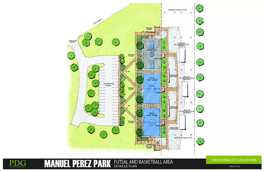 Proposed improvements to the new Manuel Perez Park along the Oklahoma River will include a memorial, a skate and BMX park, basketball courts and a soccer futsal. - PDG / PROVIDED