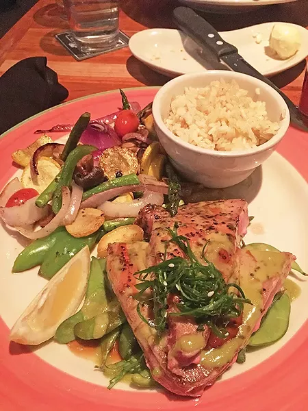 Peppered ponzu ahi tuna with vegetables and rice - JACOB THREADGILL