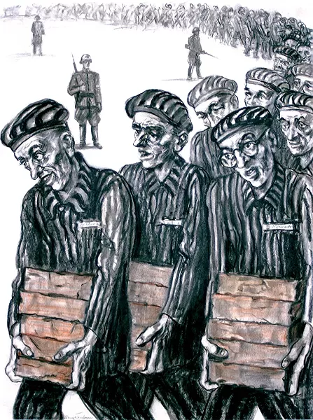 David Friedman’s “Prisoners Carrying Bricks” depicts the artist as the prisoner with glasses. - FRED JONES JR. MUSEUM OF ART / PROVIDED
