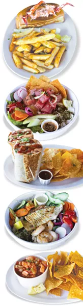 from top Slapfish’s lobster roll; Slapfish poke bowl; the Epic Shrimp Burrito; the daily offering of fish in the Power Bowl included salmon, tilapia and shrimp; shrimp ceviche. - ALEXA ACE