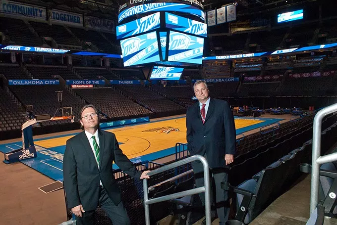 Left, Thomas Thomas Anderson and Tim Linville inside the Chesapeake Energy Arena. mh