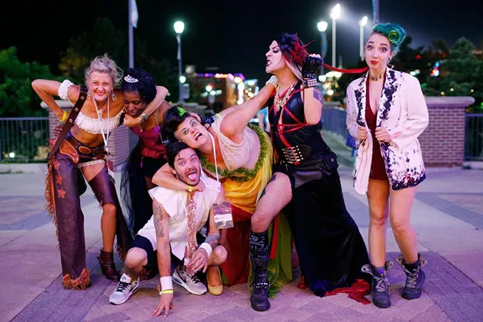 Bonedust Cowgirl, The Bacon, Delicious Diva, The Burger, Chainsaw Mascara, and S.Lash after the showing of Grapple Habit: Oklahoma City's Addiction to B.L.O.W. during the DeadCENTER Film Festival at Harkins Theatre in Oklahoma City, Thursday, June 11, 2015. - GARETT FISBECK