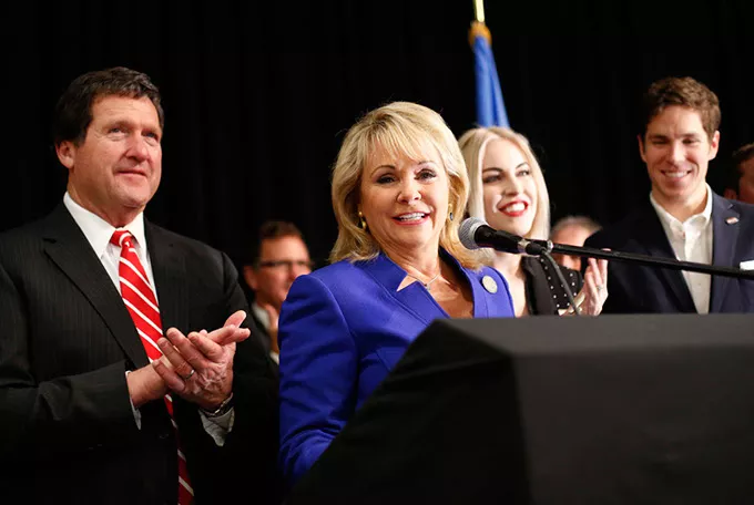 Mary Fallin celebrates her win during an Election Day watch party last week in Oklahoma City. (Garett Fisbeck)