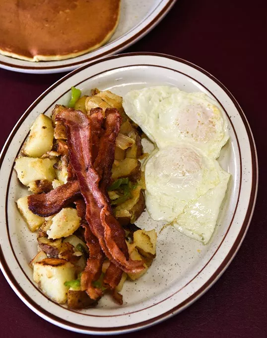 Eggs, bacon, homefries, and pancakes at Jimmy's Round Up Cafe, 4-14-15. - MARK HANCOCK