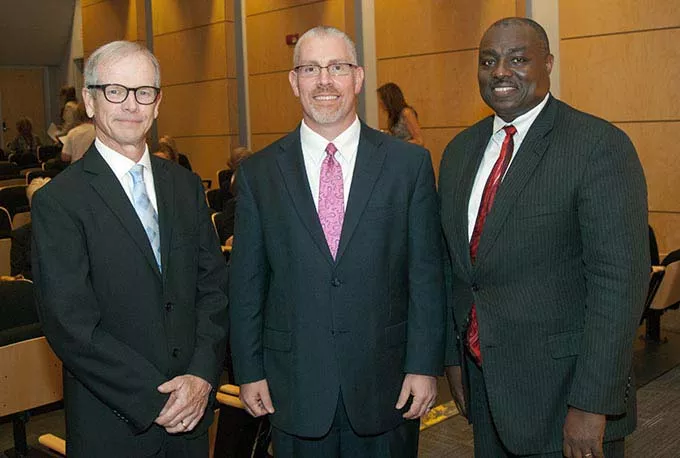 From left, Jon Walker, Tim Rogers and Roosevelt Weeks, director candidates, before the start of the Public Forum concerning the choice of a new OKC Metro Library System director, at the Ronald J. Norick Downtown Library. (Mark Hancock)