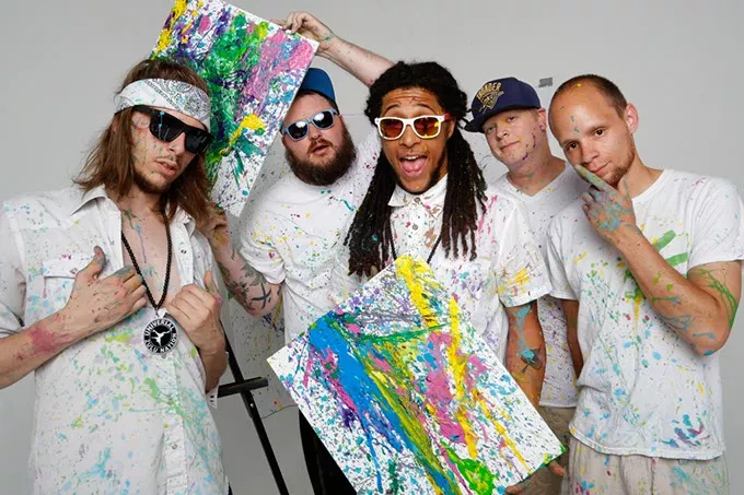 Rodrick Malone, Igloo Panda, HuckWheat, Trill Collins, and Tedajet of Sativa Prophets pose for a photo at Studio XII in Oklahoma City, Tuesday, May 26, 2015. - GARETT FISBECK