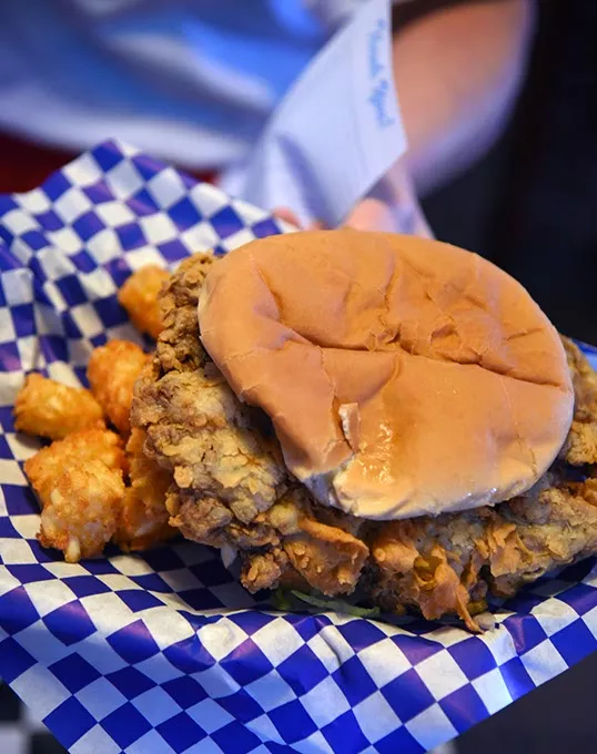 Chicken Fried Steak Sandwich and tator tots, at Ann's Chicken Fry on 39th Expressway in OKC, 11-13-15. - MARK HANCOCK