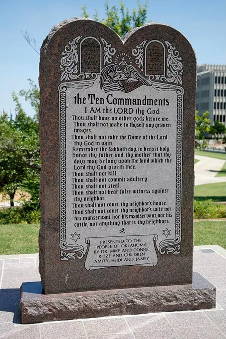 The Ten Commandments monument at the Oklahoma State Capitol in Oklahoma City, Tuesday, June 30, 2015. - GARETT FISBECK