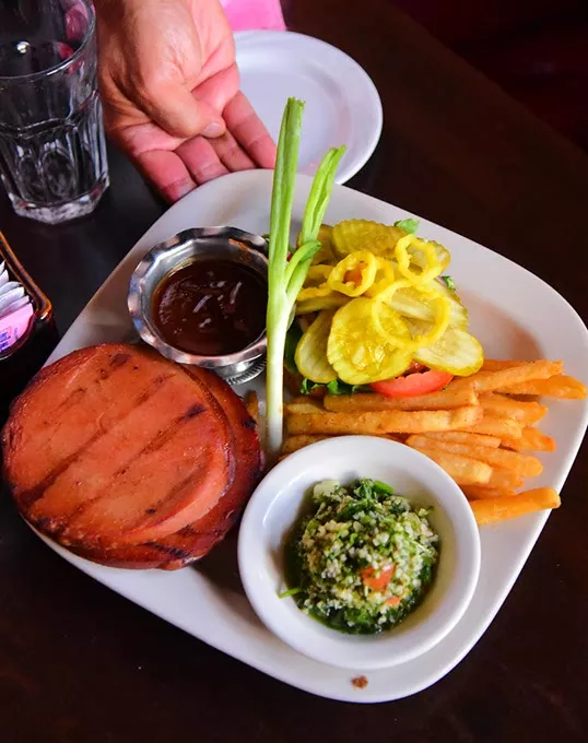 Jamils Steakhouse baloney sandwich, with tabouli, french fries, garnishes and sauce, oh, and that's Greg Gawey linding a hand, 9-4-15. - MARK HANCOCK