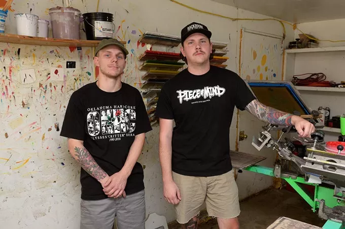 Steven Ward and Chris Jaeger pose for a photo at Backroom Print Shop, Wednesday, Aug. 2, 2017. - GARETT FISBECK
