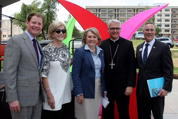 Community leaders from left Bob Ross, Judy Love, Gov. Mary Fallin, Archbishop John Coakley and Patrick Raglow attended the recent ribbon-cutting ceremony for Catholic Charities’ new facility. Photo Catholic Charities Archdiocese of Oklahoma City / provided