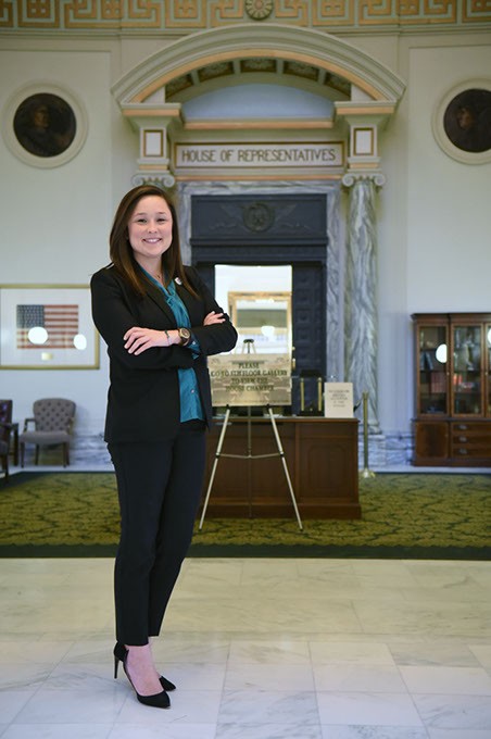 Cyndi Munson, House District 85, stands in front of the House entrance at the Oklahoma State Capitol (Gazette / file)