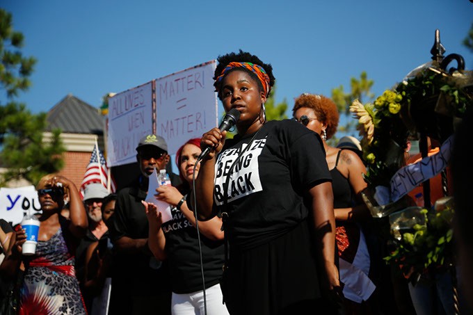 Auziah Antwine speaks during a Black Lives Matter demonstration in Oklahoma City, Sunday, July 10, 2016. - GARETT FISBECK