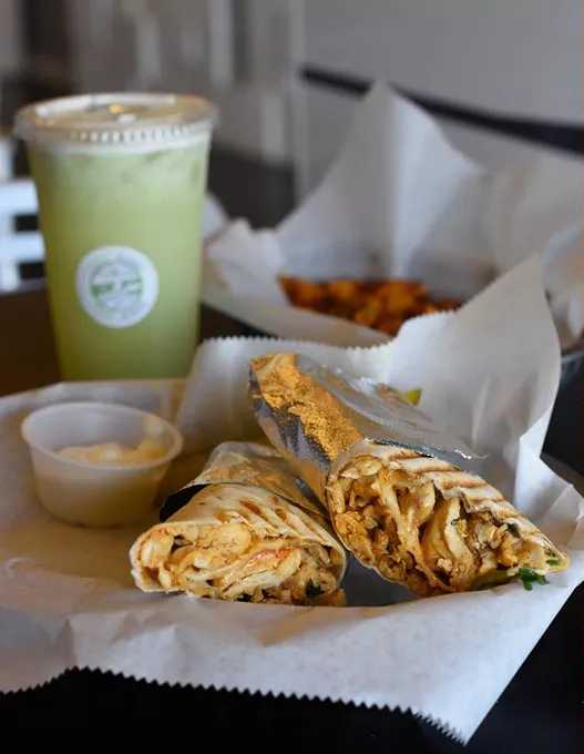 Chicken mummy wrap, spicy potatoes, Mental Madness (mint lemonade) at Yummy Mummy in Oklahoma City, Monday, April 25, 2016. - GARETT FISBECK